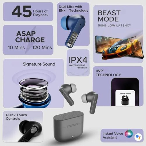 Boat 91 PRO Truly Wireless in Ear Earbuds with 45Hrs Playtime, AI-ENC Mic, Bluetooth 5.3 with Low Latency Gaming, 13mm Bass Drivers, Type-C Fast Charging, Touch Controls, IPX5 Waterproof TWS (White) - Image 5